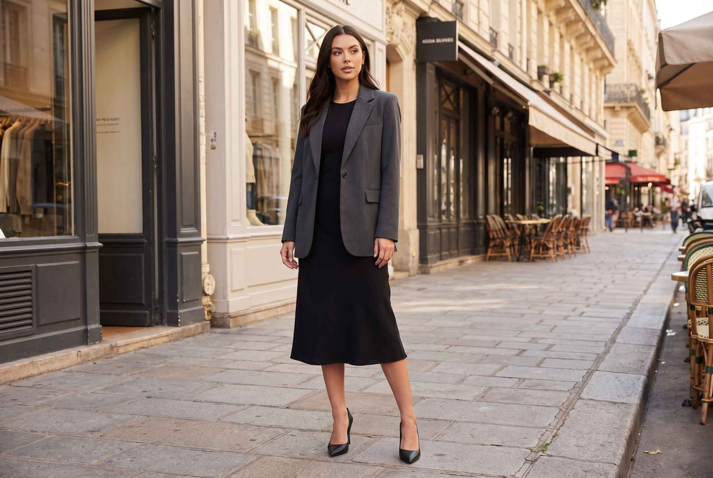 Elbise üzerine blazer ceket şık modern ofis kombin örneği - The ZKS