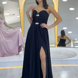 Siyah Straplez Taş Detay Yırtmaçlı Abiye Elbise