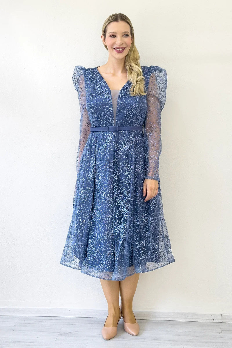 İndigo Gloplu Kloş Kemerli Büyük Beden Abiye Elbise