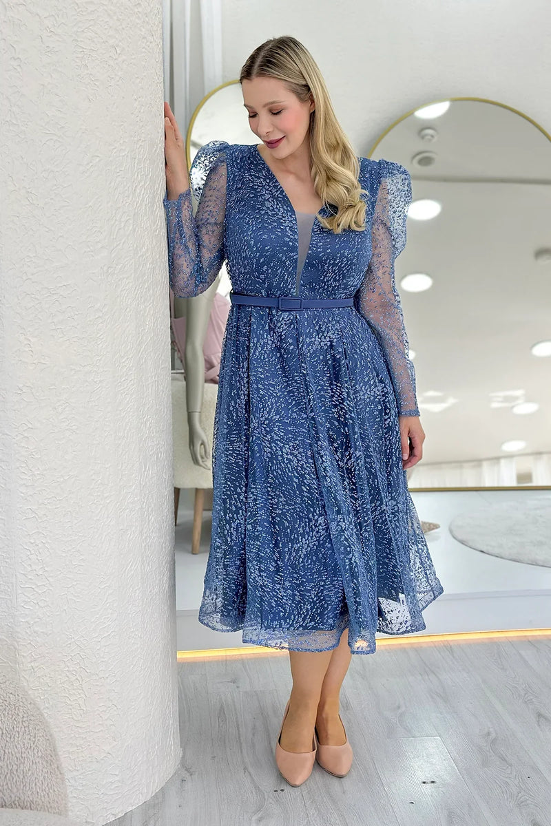 İndigo Gloplu Kloş Kemerli Büyük Beden Abiye Elbise