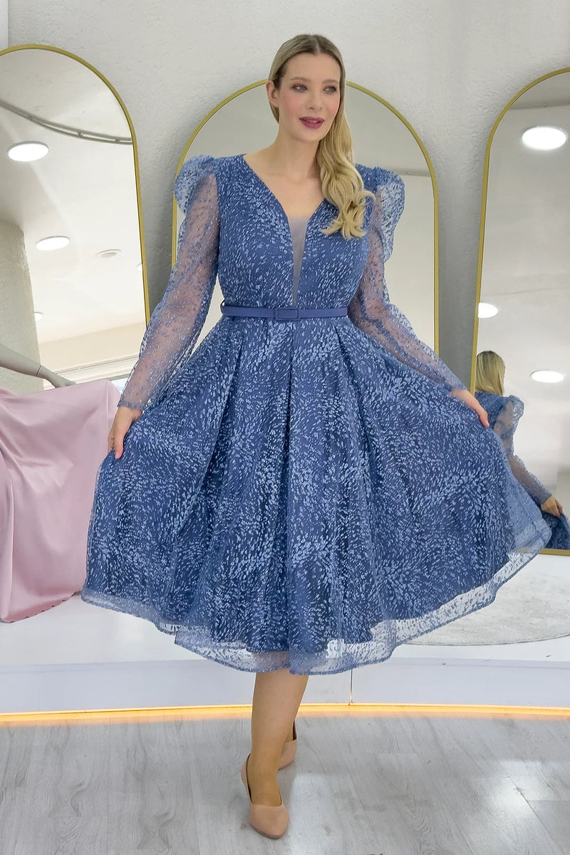 İndigo Gloplu Kloş Kemerli Büyük Beden Abiye Elbise