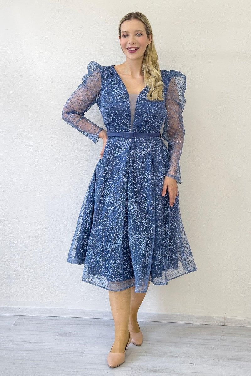 İndigo Gloplu Kloş Kemerli Büyük Beden Abiye Elbise