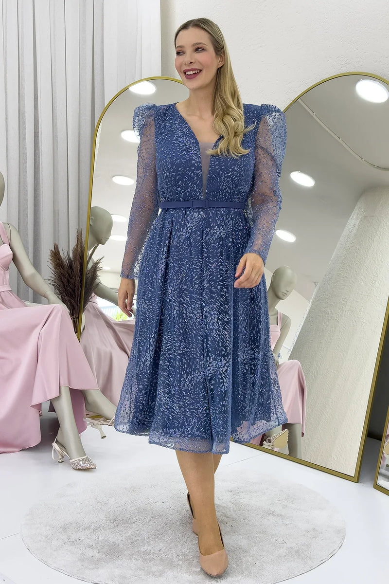 İndigo Gloplu Kloş Kemerli Büyük Beden Abiye Elbise