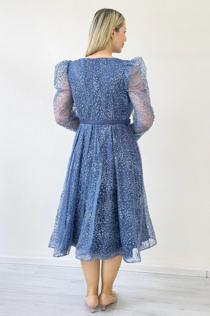 İndigo Gloplu Kloş Kemerli Büyük Beden Abiye Elbise