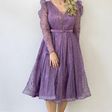 Lila Gloplu Kloş Kemerli Büyük Beden Abiye Elbise