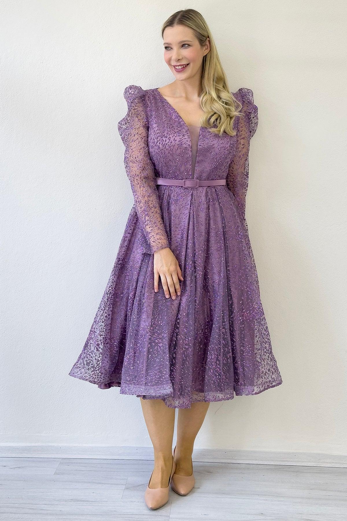 Lila Gloplu Kloş Kemerli Büyük Beden Abiye Elbise