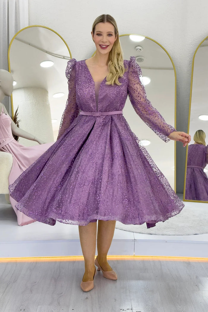 Lila Gloplu Kloş Kemerli Büyük Beden Abiye Elbise