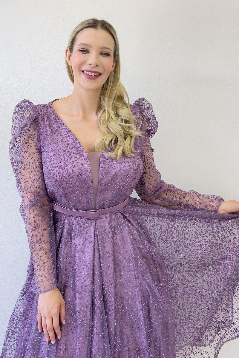 Lila Gloplu Kloş Kemerli Büyük Beden Abiye Elbise