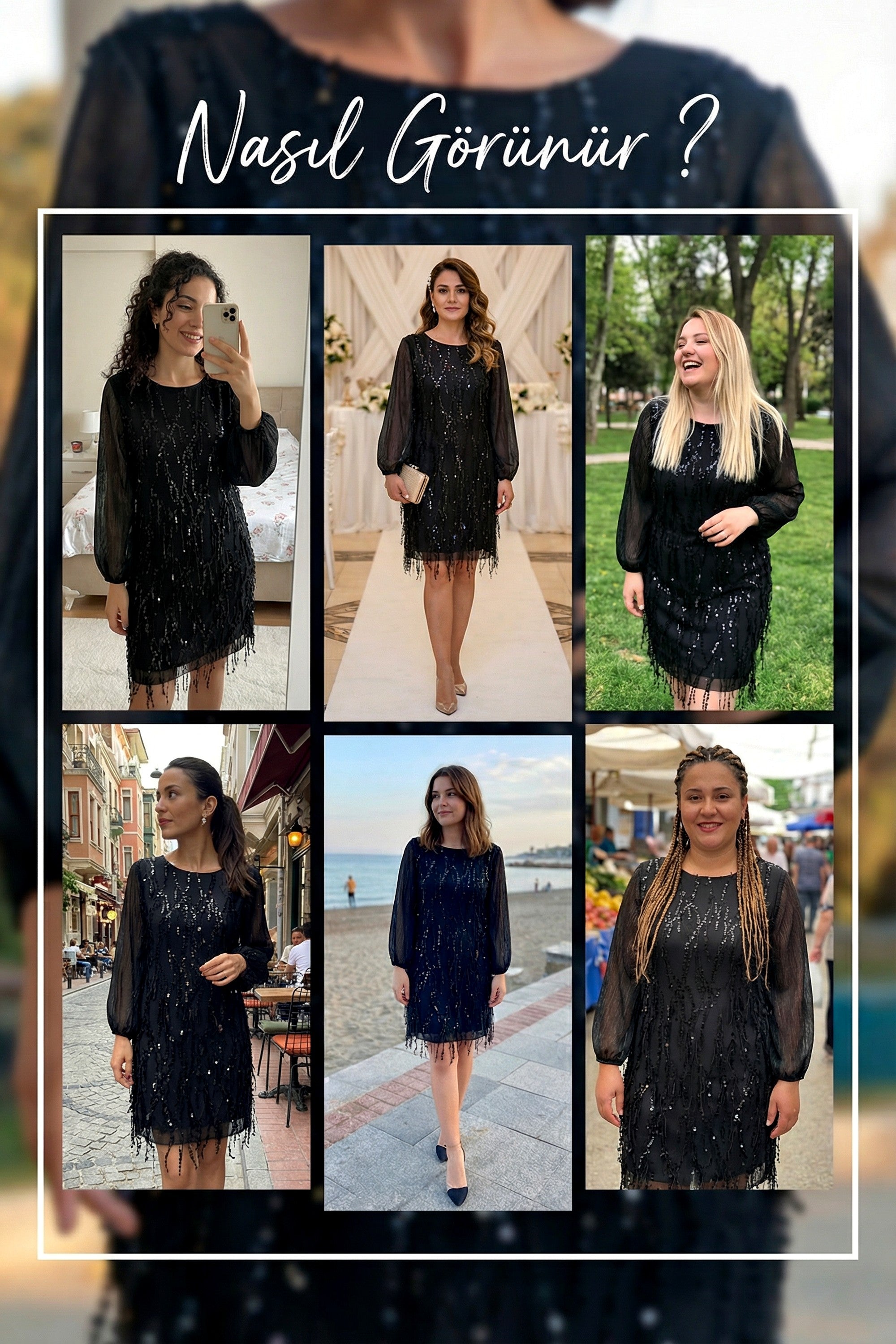 Siyah Kadın Büyük Beden Şifon Pulpayet Abiye Elbise