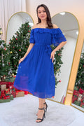 Saks Mavi Volanlı Madonna Yaka Büyük Beden Şifon Elbise