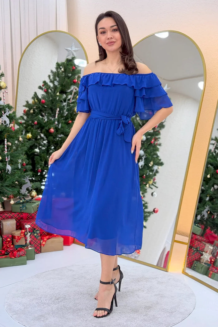 Saks Mavi Volanlı Madonna Yaka Büyük Beden Şifon Elbise