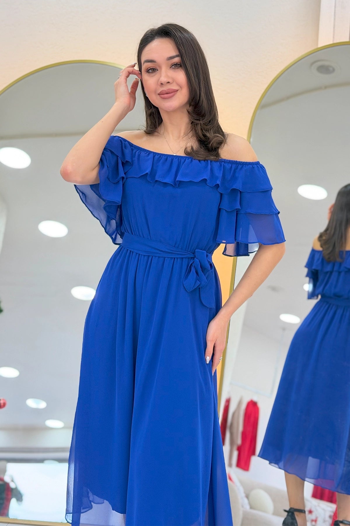 Saks Mavi Volanlı Madonna Yaka Büyük Beden Şifon Elbise