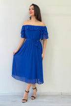 Saks Mavi Volanlı Madonna Yaka Büyük Beden Şifon Elbise