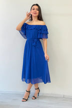 Saks Mavi Volanlı Madonna Yaka Büyük Beden Şifon Elbise