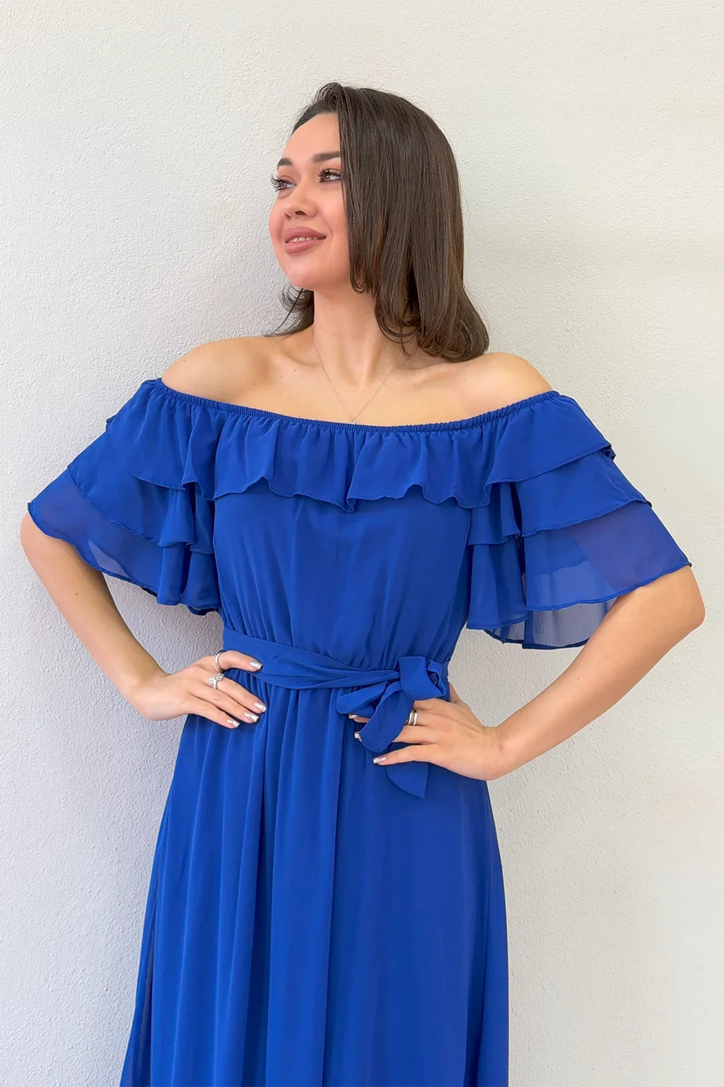 Saks Mavi Volanlı Madonna Yaka Büyük Beden Şifon Elbise