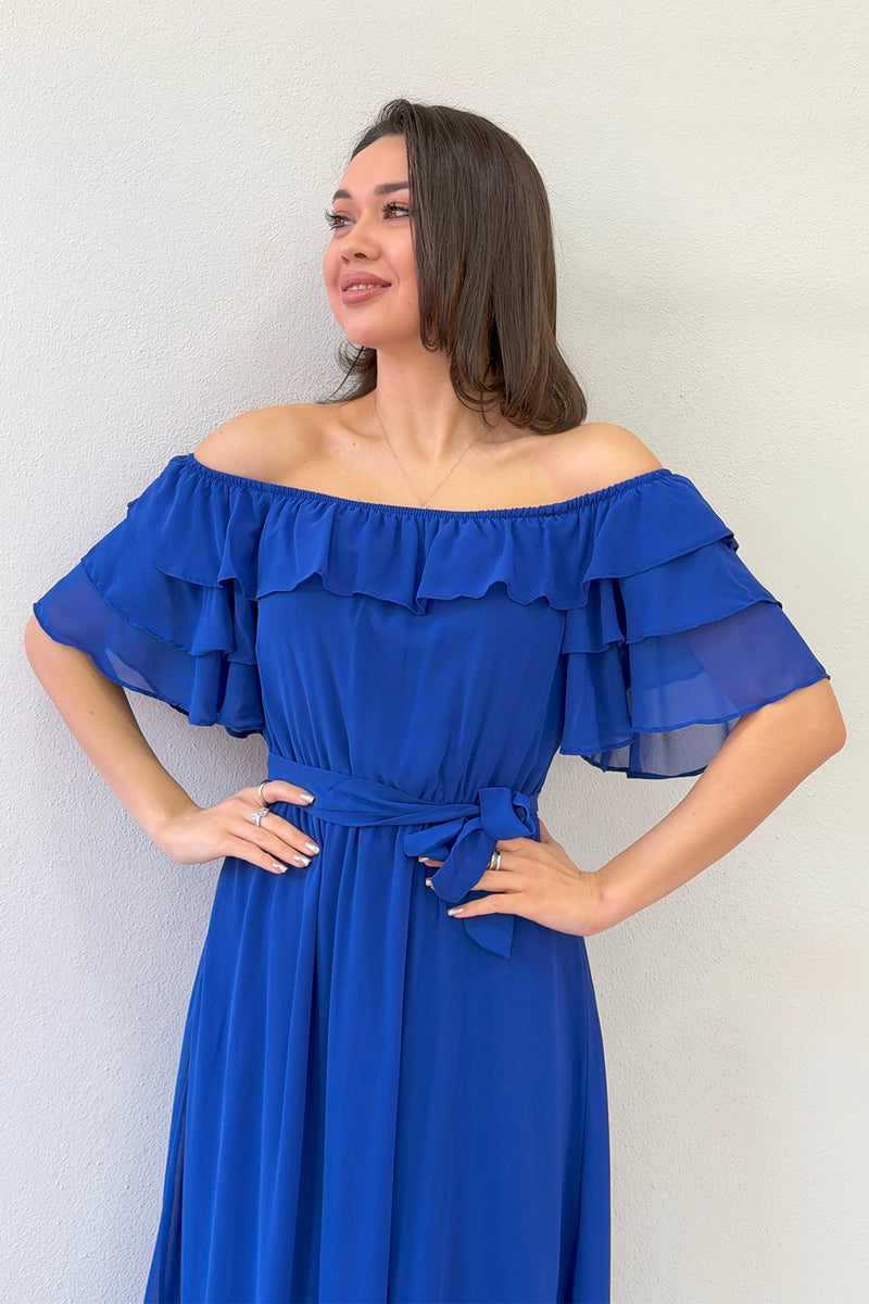 Saks Mavi Volanlı Madonna Yaka Büyük Beden Şifon Elbise
