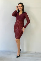 Bordo Kruvaze Yaka Payet Abiye Elbise