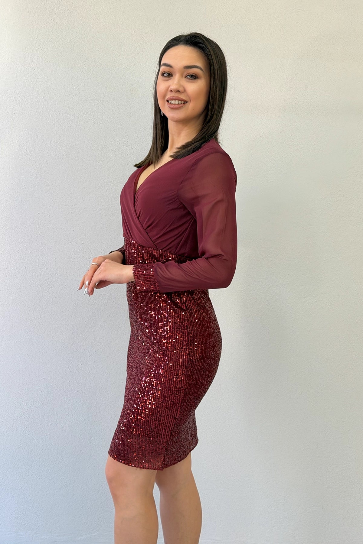 Bordo Kruvaze Yaka Payet Abiye Elbise