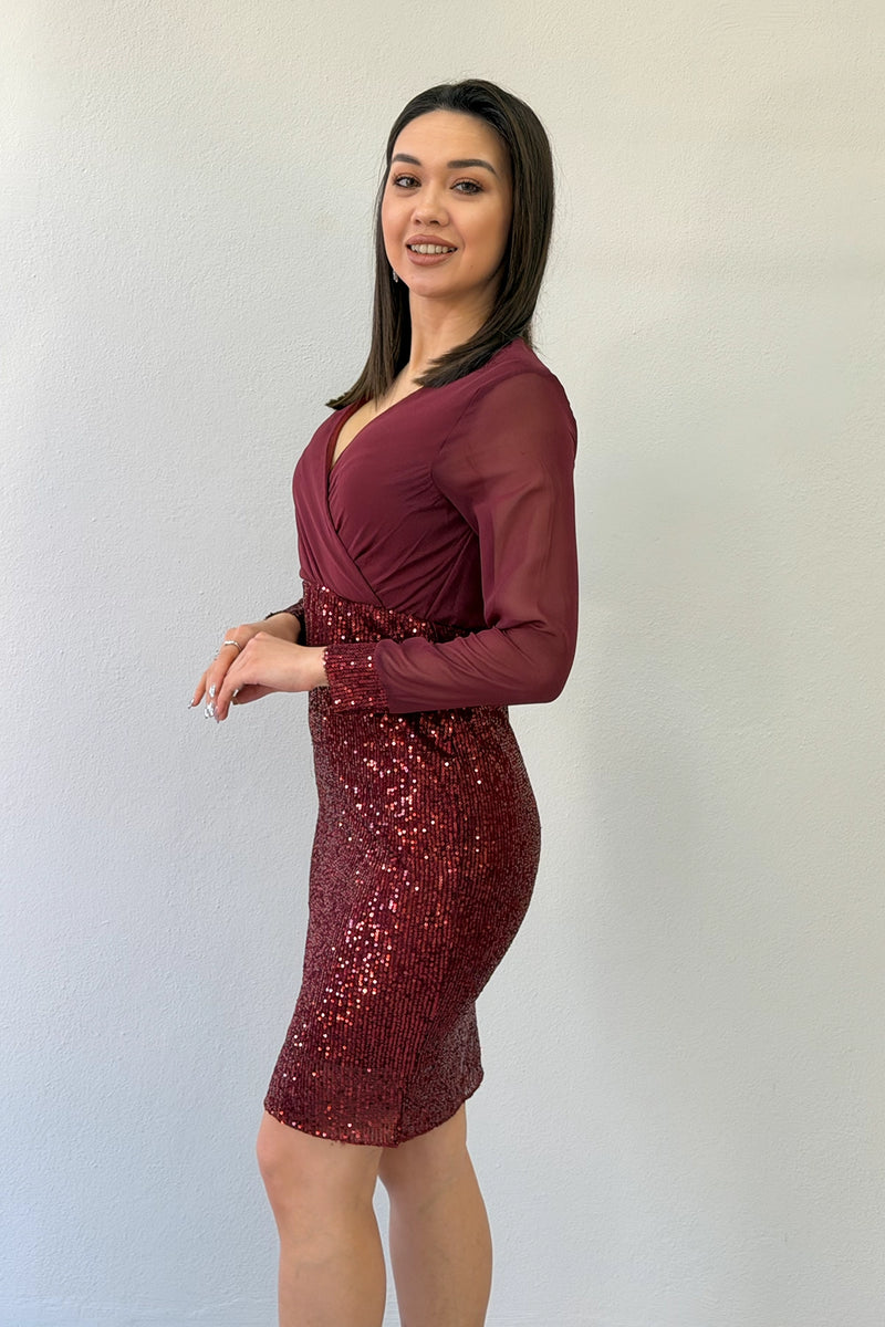 Bordo Kruvaze Yaka Payet Abiye Elbise