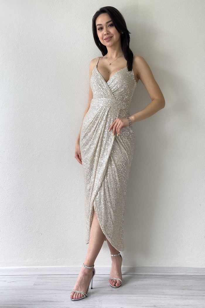 Bej Askılı Pul Payet Kruvaze Yırtmaçlı  Abiye Elbise