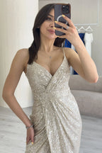 Bej Askılı Pul Payet Kruvaze Yırtmaçlı  Abiye Elbise