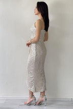 Bej Askılı Pul Payet Kruvaze Yırtmaçlı  Abiye Elbise