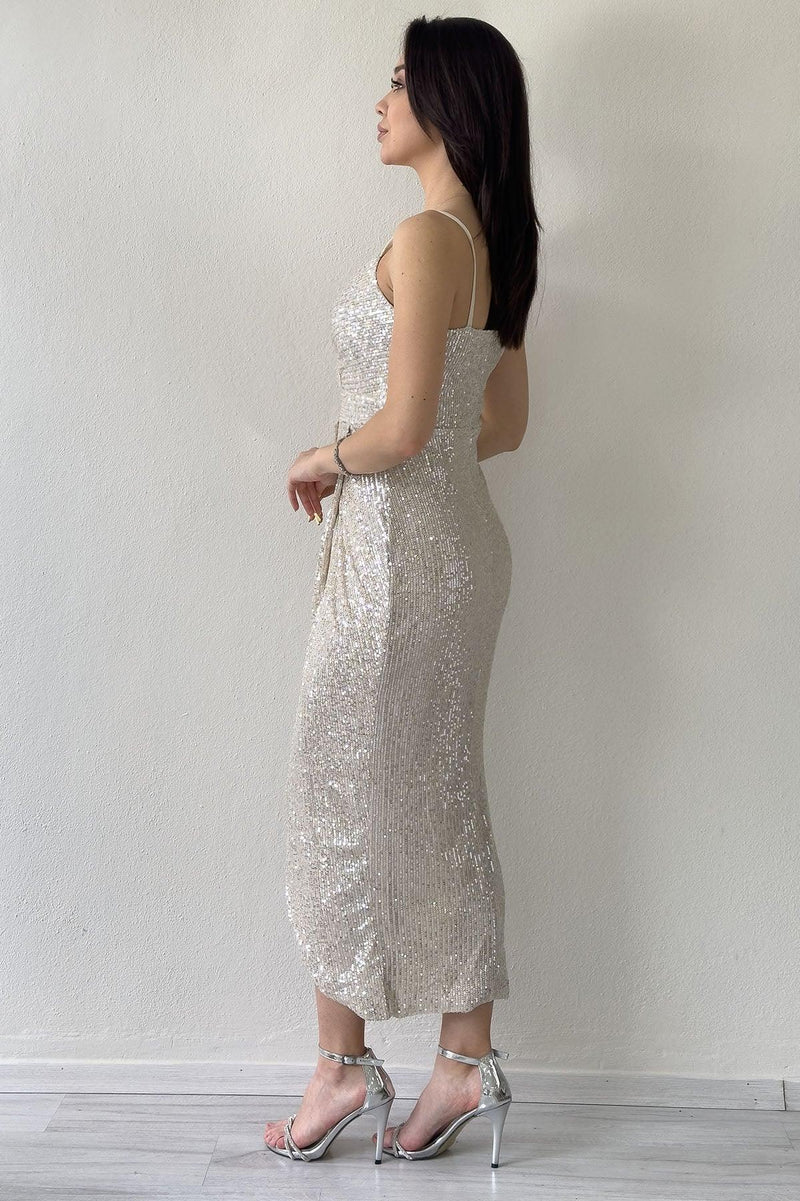 Bej Askılı Pul Payet Kruvaze Yırtmaçlı  Abiye Elbise