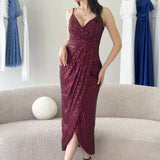 Bordo Askılı Pul Payet Kruvaze Yırtmaçlı  Abiye Elbise