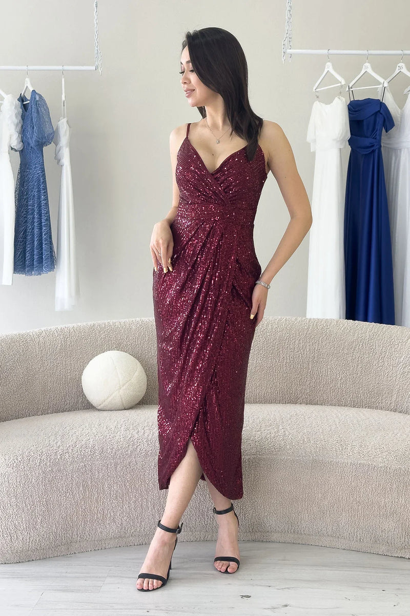 Bordo Askılı Pul Payet Kruvaze Yırtmaçlı  Abiye Elbise