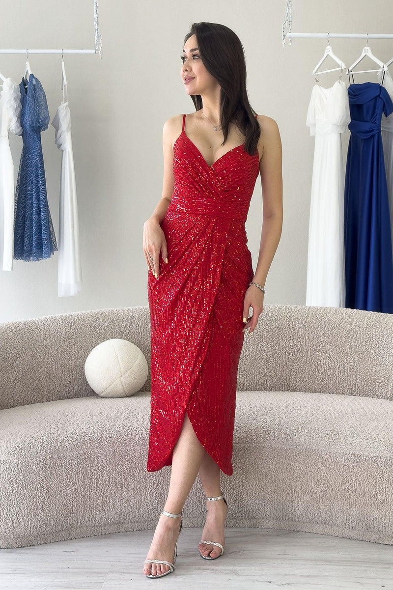 Kırmızı Askılı Pul Payet Kruvaze Yırtmaçlı  Abiye Elbise