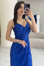 Saks Askılı Pul Payet Kruvaze Yırtmaçlı  Abiye Elbise