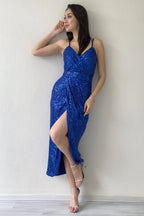 Saks Askılı Pul Payet Kruvaze Yırtmaçlı  Abiye Elbise