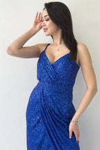 Saks Askılı Pul Payet Kruvaze Yırtmaçlı  Abiye Elbise