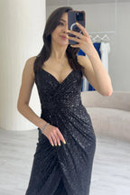 Siyah Askılı Pul Payet Kruvaze Yırtmaçlı  Abiye Elbise