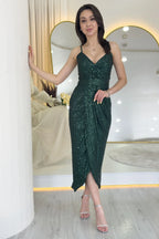 Zümrüt Yeşili Askılı Pul Payet Kruvaze Yırtmaçlı  Abiye Elbise