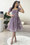 Lila Volanlı Kare Yaka Karpuz Kol Kloş Abiye Elbise