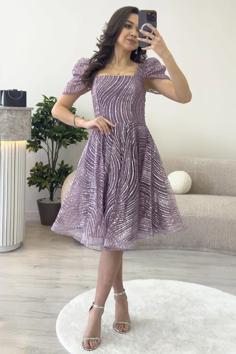 Lila Volanlı Kare Yaka Karpuz Kol Kloş Abiye Elbise