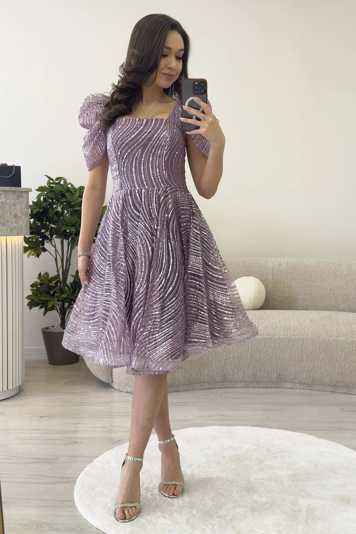 Lila Volanlı Kare Yaka Karpuz Kol Kloş Abiye Elbise