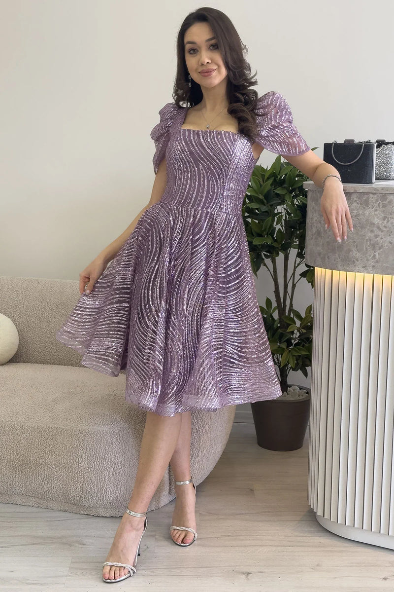 Lila Volanlı Kare Yaka Karpuz Kol Kloş Abiye Elbise