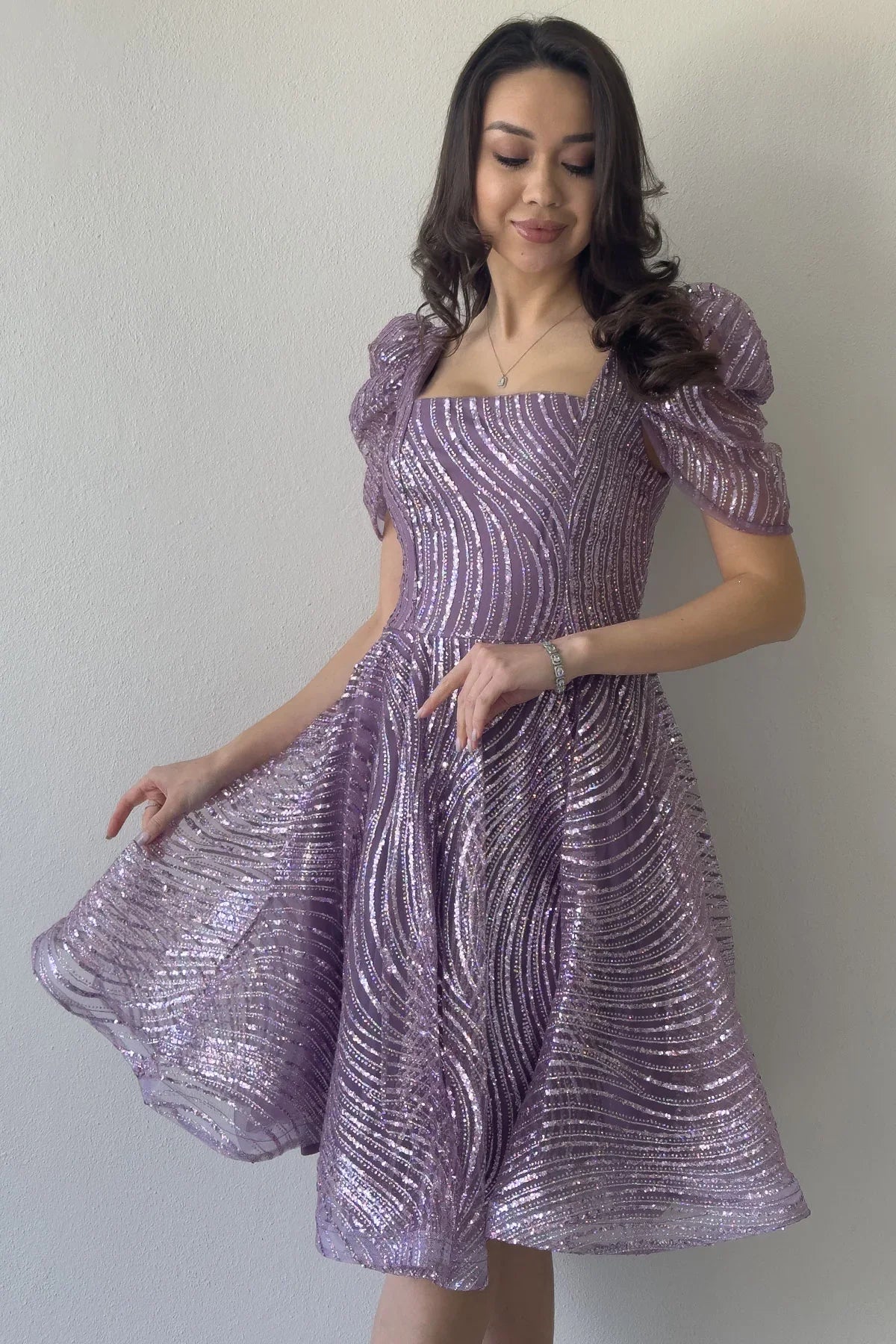 Lila Volanlı Kare Yaka Karpuz Kol Kloş Abiye Elbise