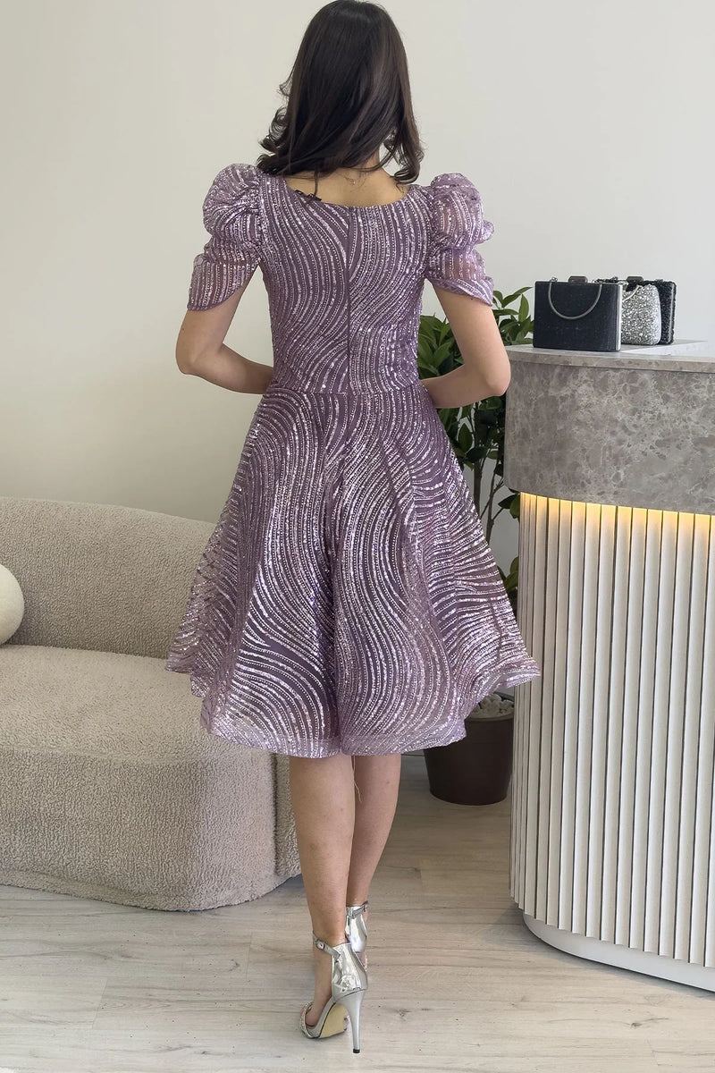 Lila Volanlı Kare Yaka Karpuz Kol Kloş Abiye Elbise