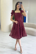 Bordo Volanlı Kare Yaka Karpuz Kol Kloş Abiye Elbise