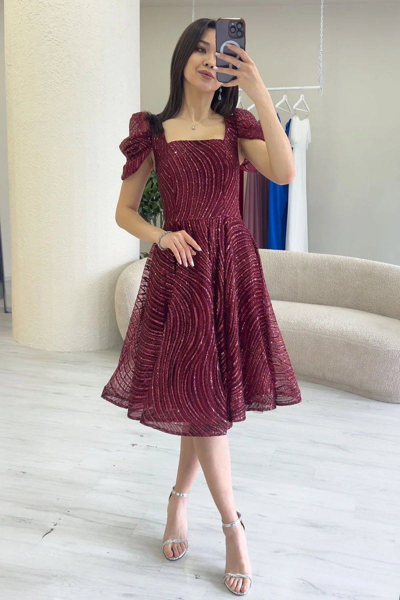 Bordo Volanlı Kare Yaka Karpuz Kol Kloş Abiye Elbise