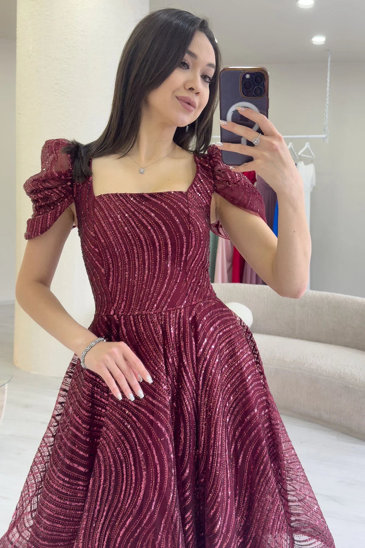 Bordo Volanlı Kare Yaka Karpuz Kol Kloş Abiye Elbise