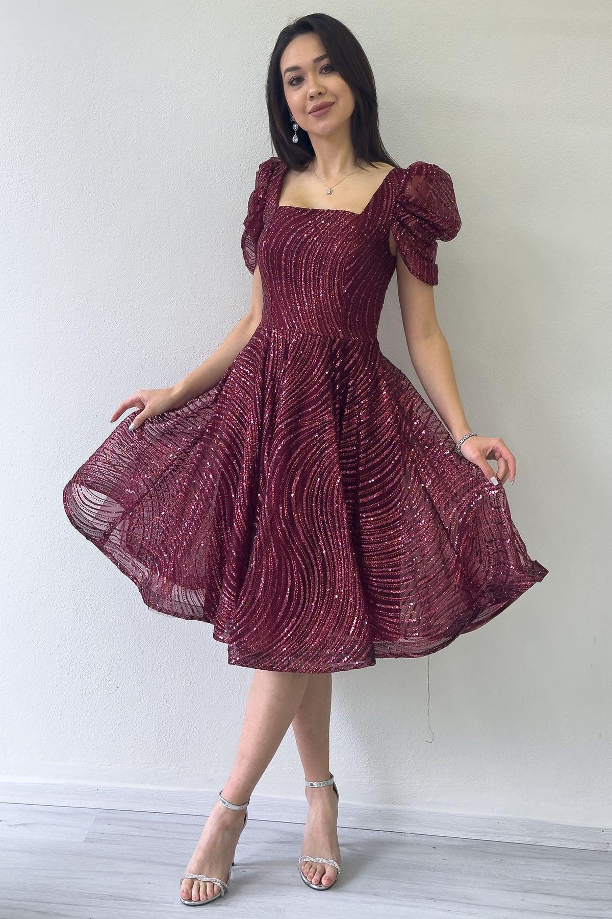 Bordo Volanlı Kare Yaka Karpuz Kol Kloş Abiye Elbise