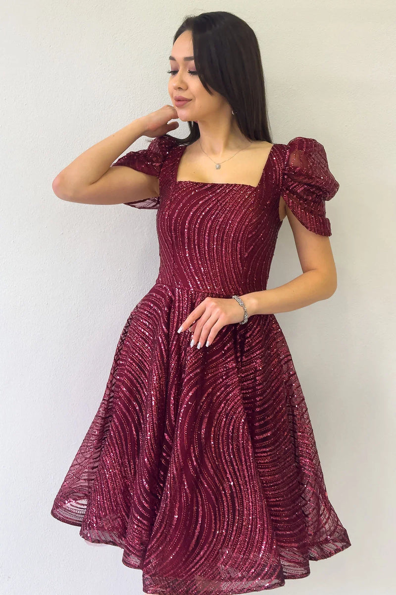 Bordo Volanlı Kare Yaka Karpuz Kol Kloş Abiye Elbise