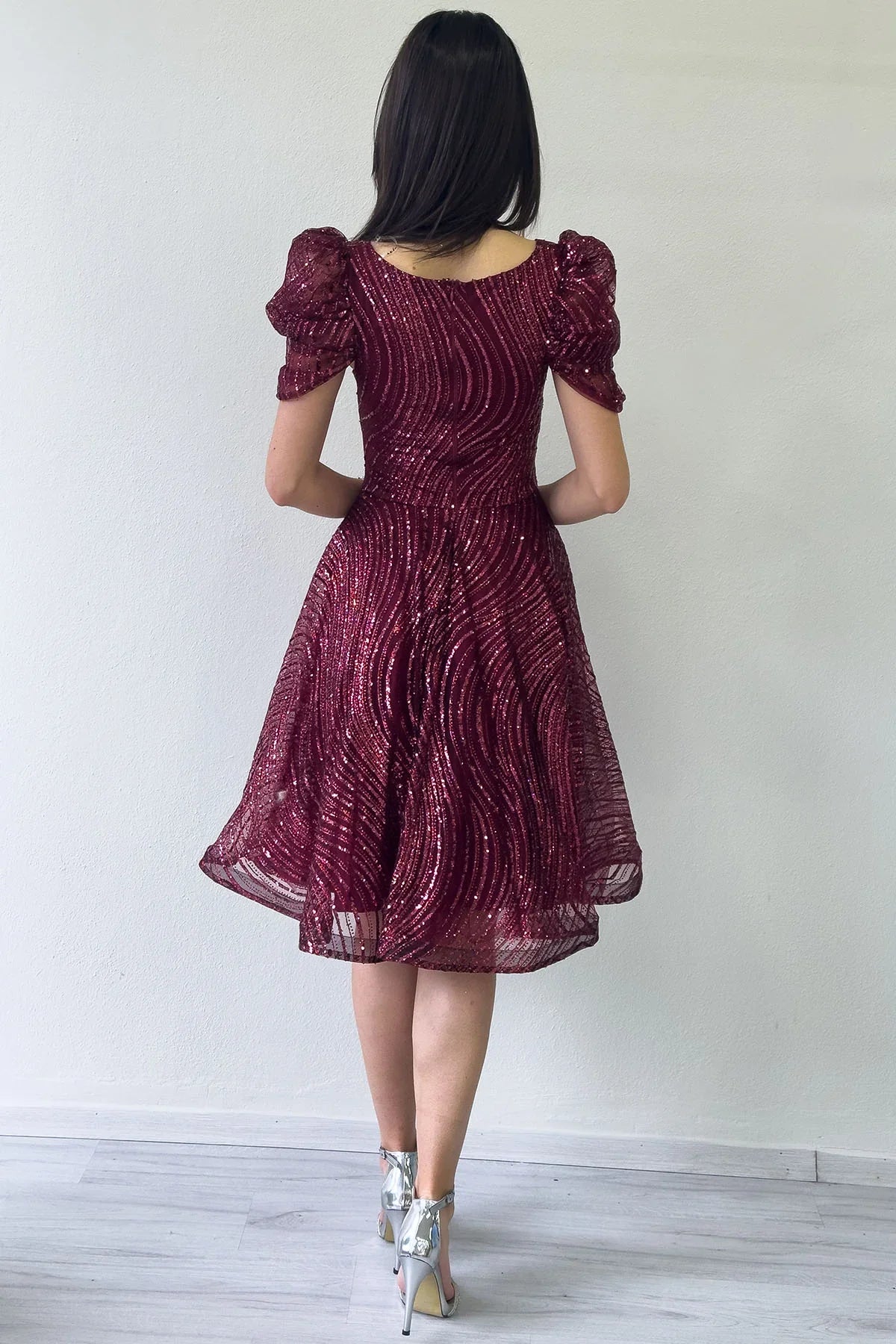 Bordo Volanlı Kare Yaka Karpuz Kol Kloş Abiye Elbise