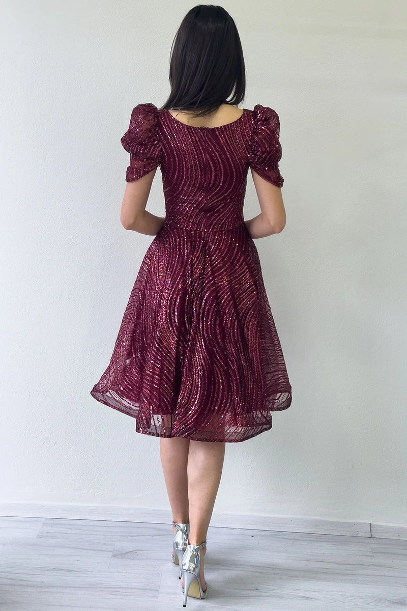 Bordo Volanlı Kare Yaka Karpuz Kol Kloş Abiye Elbise