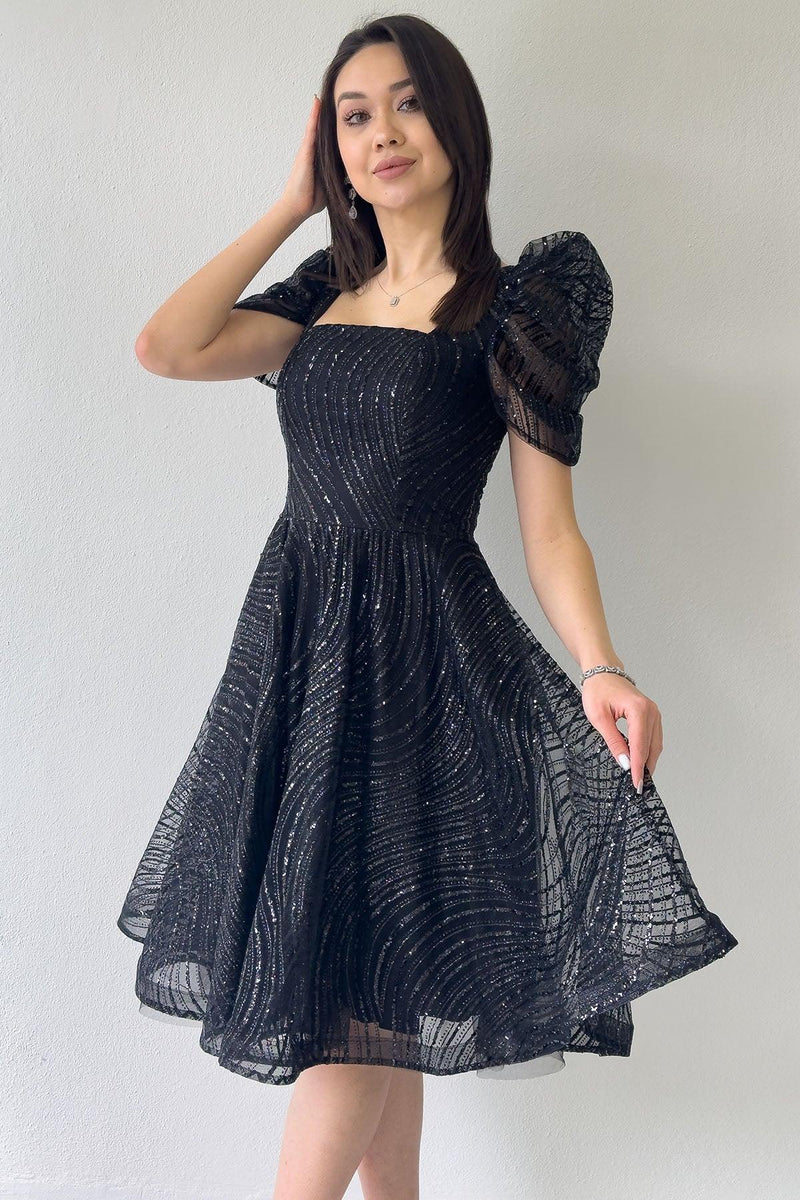 Siyah Volanlı Kare Yaka Karpuz Kol Kloş Abiye Elbise