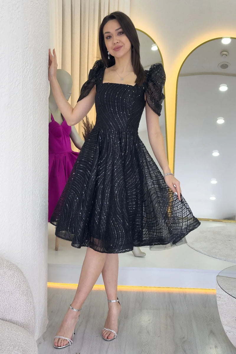 Siyah Volanlı Kare Yaka Karpuz Kol Kloş Abiye Elbise